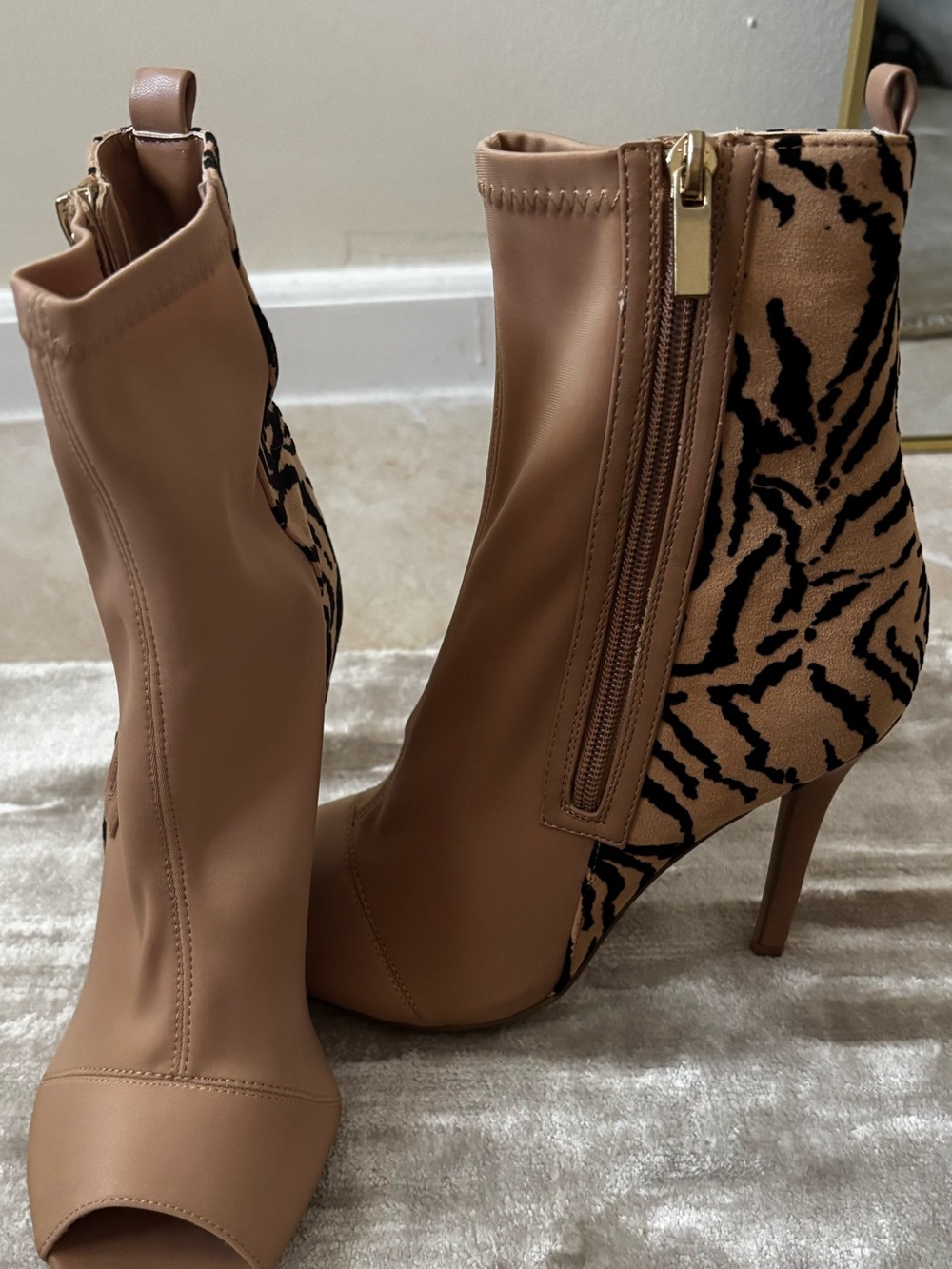 Qupid Tan Peep-Toe Stiletto Ankle Boots with Black Animal-Print Panel